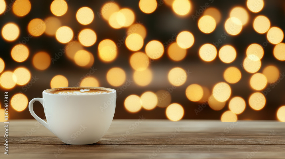 minimalistic photo of coffee cup placed against blurred background of warm bokeh lights, creating cozy atmosphere minimalistic photo of coffee cup placed against blurred background of warm bokeh lights, creating cozy atmosphere