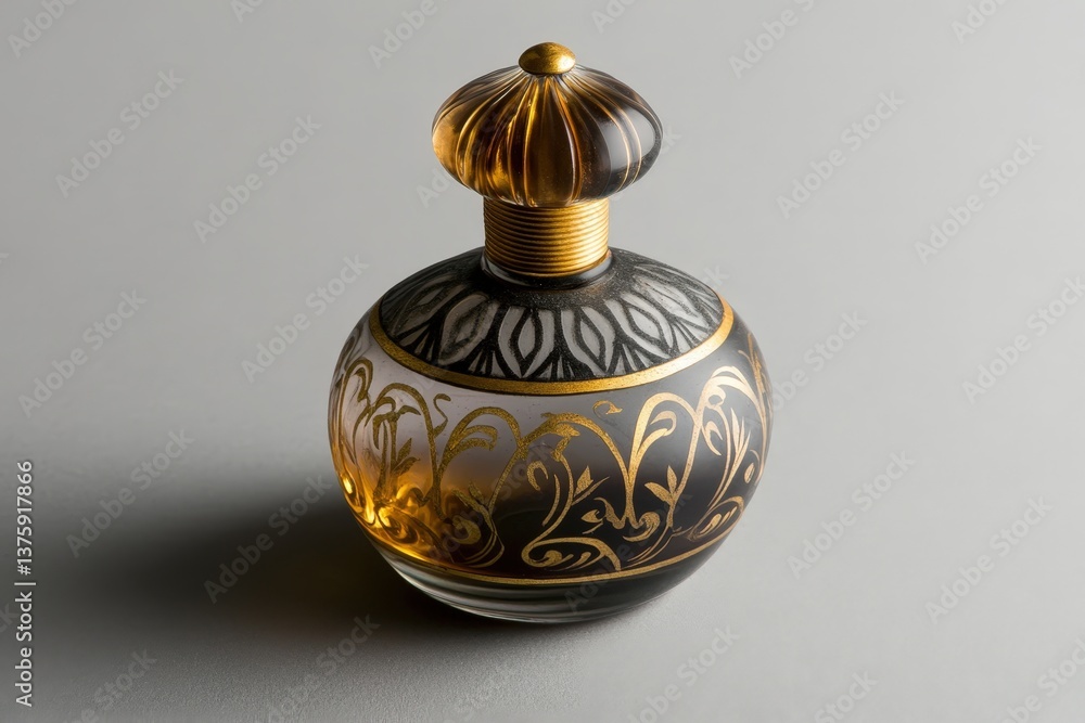 A decorative perfume bottle with floral gold embellishments on display A decorative perfume bottle with floral gold embellishments on display