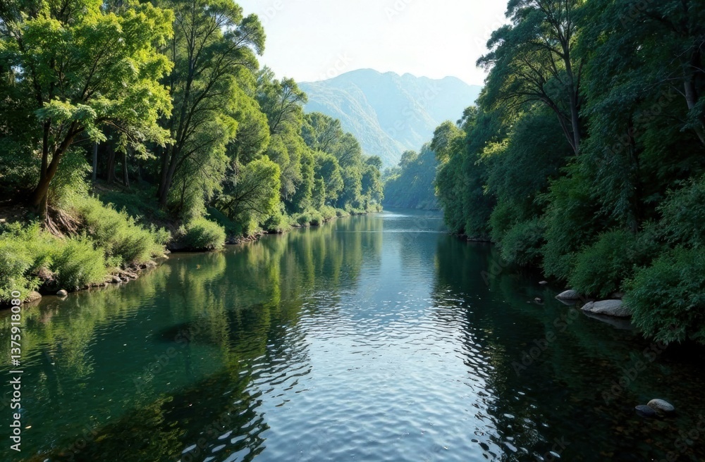 Serene river surrounded by lush green trees and mountains Serene river surrounded by lush green trees and mountains