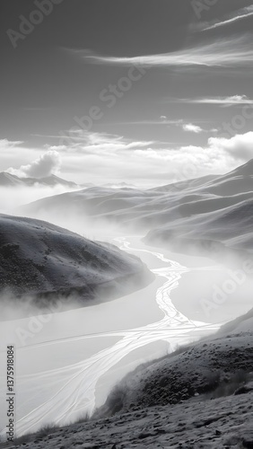 Tranquil Monochrome Landscape with Winding River
