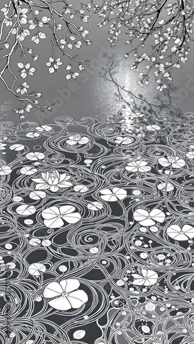 Tranquil Monochrome Landscape with Blossoms and Lotus Flowers