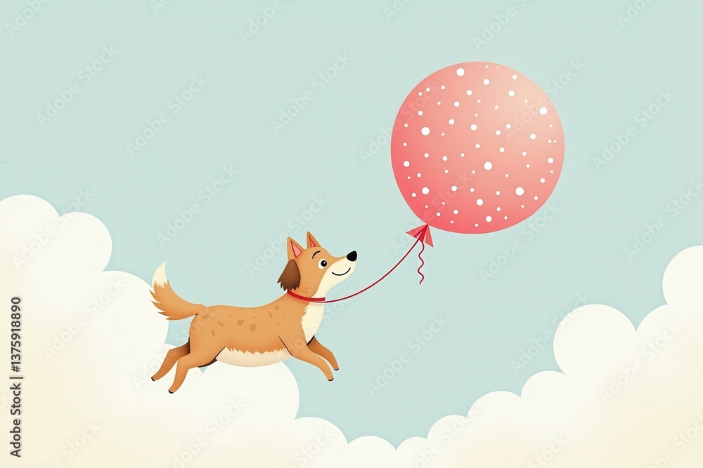 Dog flying with balloon clouds