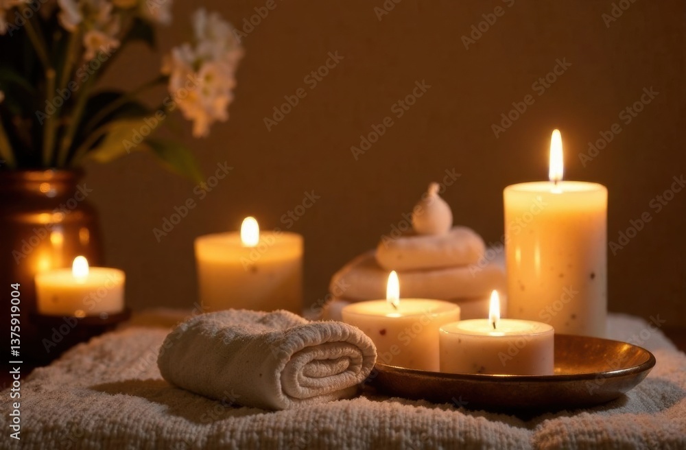Serenity in a Spa: Lit Candles and Towels on a Relaxing Background Serenity in a Spa: Lit Candles and Towels on a Relaxing Background