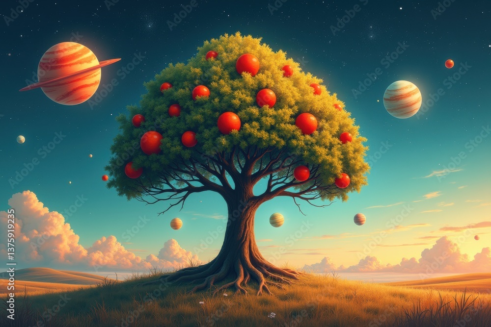 Tree starry sky with planets vibrant colors