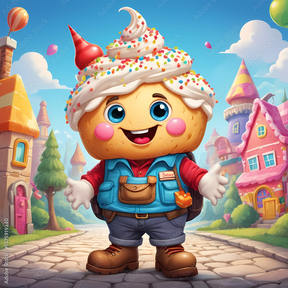 Fototapeta premium Cheerful Cartoon Cupcake Explorer Character in Candyland Village