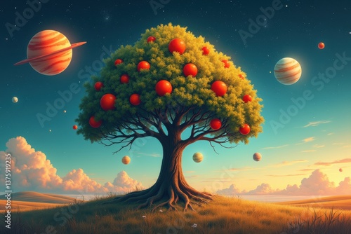Obraz na płótnie Tree starry sky with planets vibrant colors w salonie
