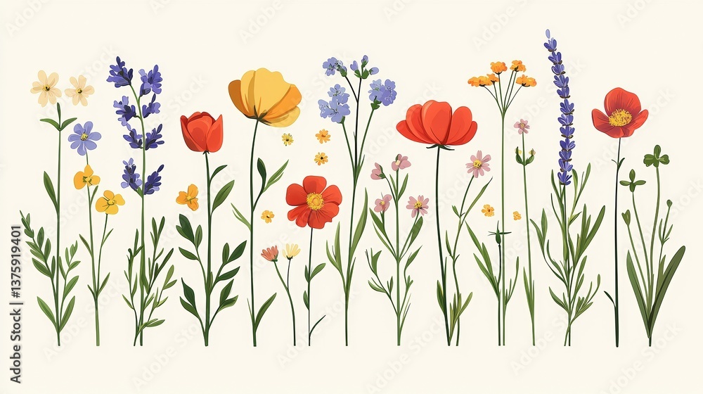 Fototapeta premium Wildflower illustration collection representing natural diversity, seasonal growth, meadow flora, and botanical study in a delicate vintage style