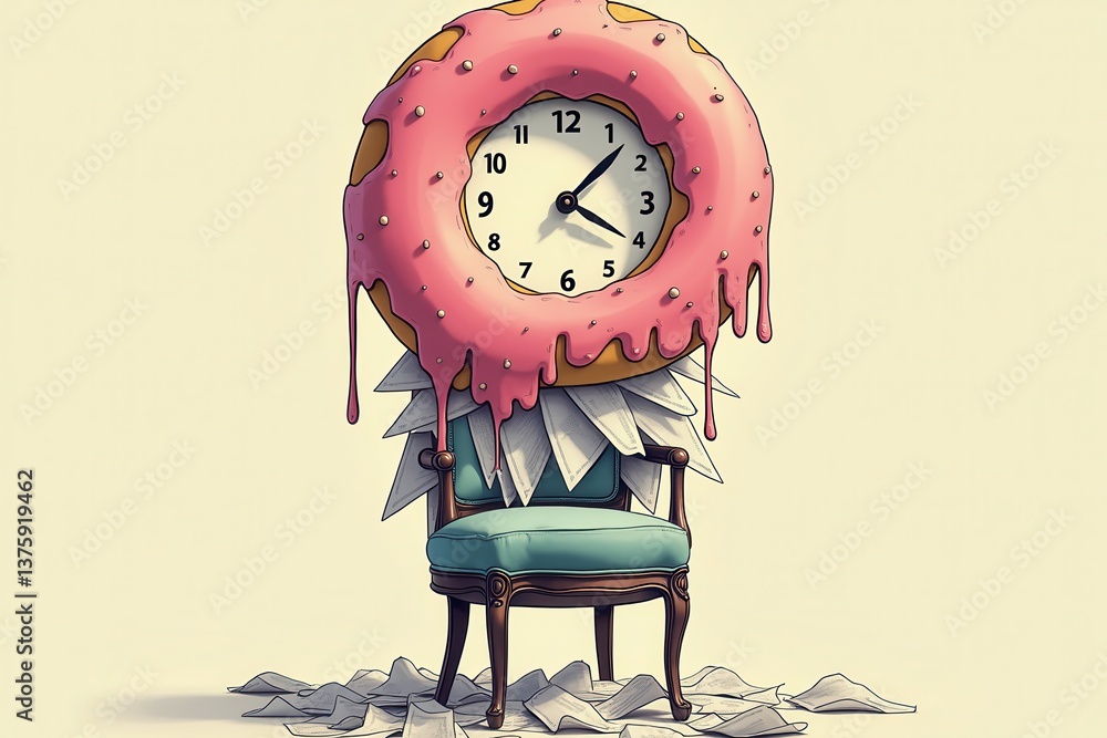 Surreal donut clock chair with papers: whimsical commentary on time productivity