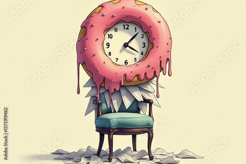 Obraz na płótnie Surreal donut clock chair with papers: whimsical commentary on time productivity w salonie