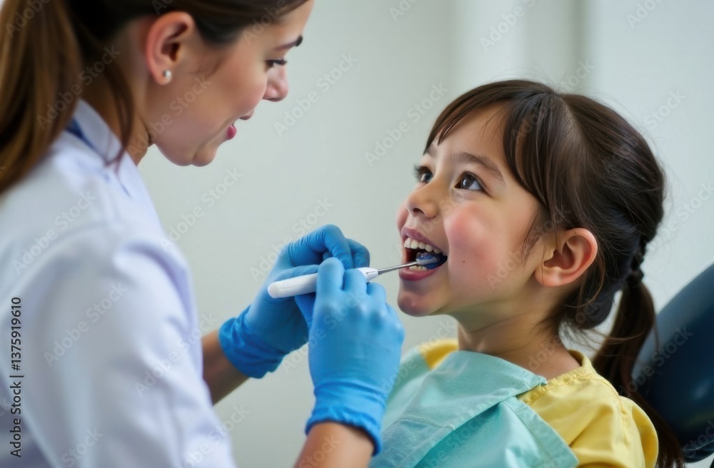 Dentist examining smiling girl in pediatric dental office Dentist examining smiling girl in pediatric dental office