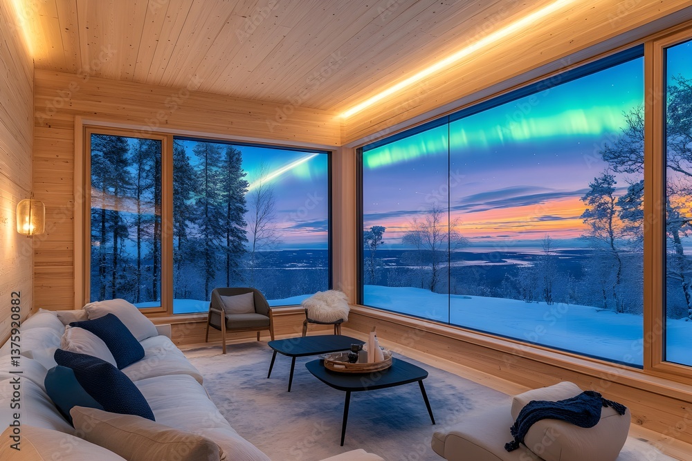 A cozy, Scandinavian-style honeymoon suite featuring minimalist decor, warm lighting, and a breathtaking view of the aurora borealis through large windows.