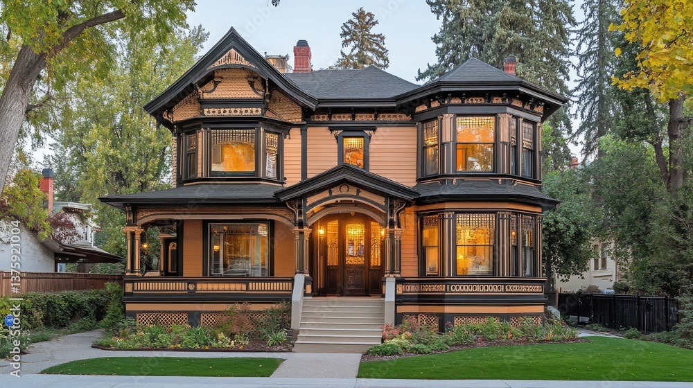 A classic Victorian-style two-story home with intricate wooden detailing and a beautiful front porch. A classic Victorian-style two-story home with intricate wooden detailing and a beautiful front porch.