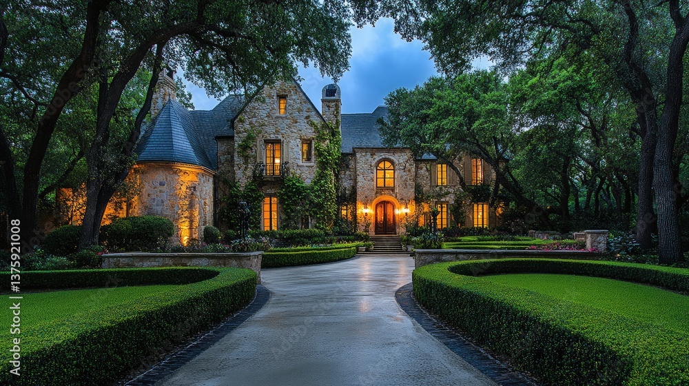 A classic European-style two-story mansion with symmetrical design, stone walls, and elegant lighting. A classic European-style two-story mansion with symmetrical design, stone walls, and elegant lighting.