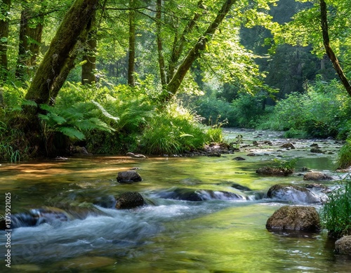 River flowing through lush green forest in summer