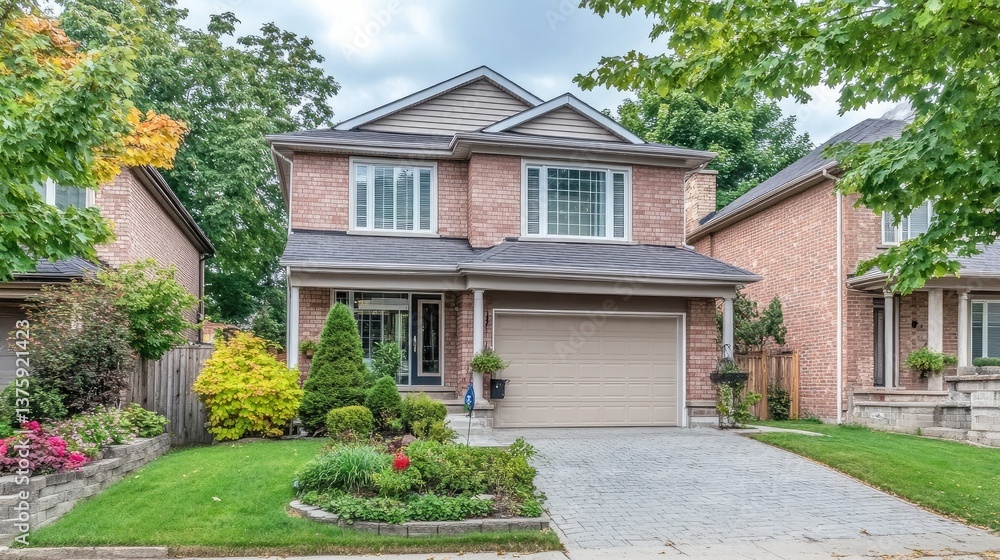 A cozy suburban two-story home with a sloped roof, brick exterior, and a well-maintained front yard. A cozy suburban two-story home with a sloped roof, brick exterior, and a well-maintained front yard.