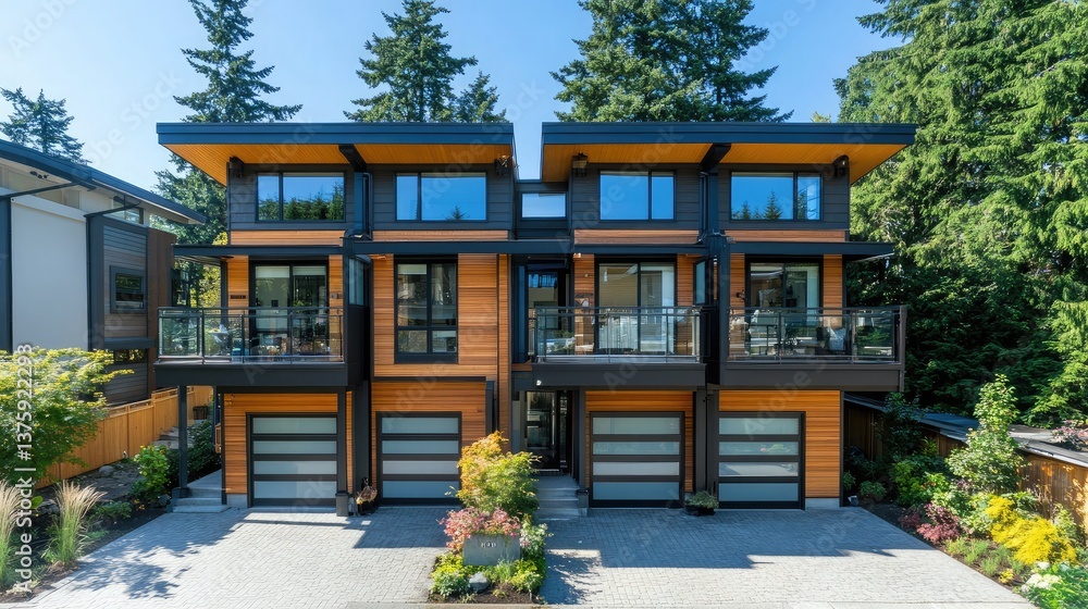 A sophisticated urban townhouse with a two-story layout, large balconies, and a modern architectural touch. A sophisticated urban townhouse with a two-story layout, large balconies, and a modern architectural touch.