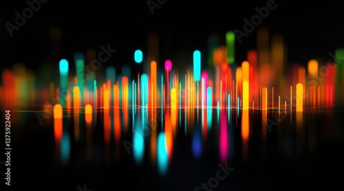 A stock market graph with colorful candlestick charts on black background, blurred motion 