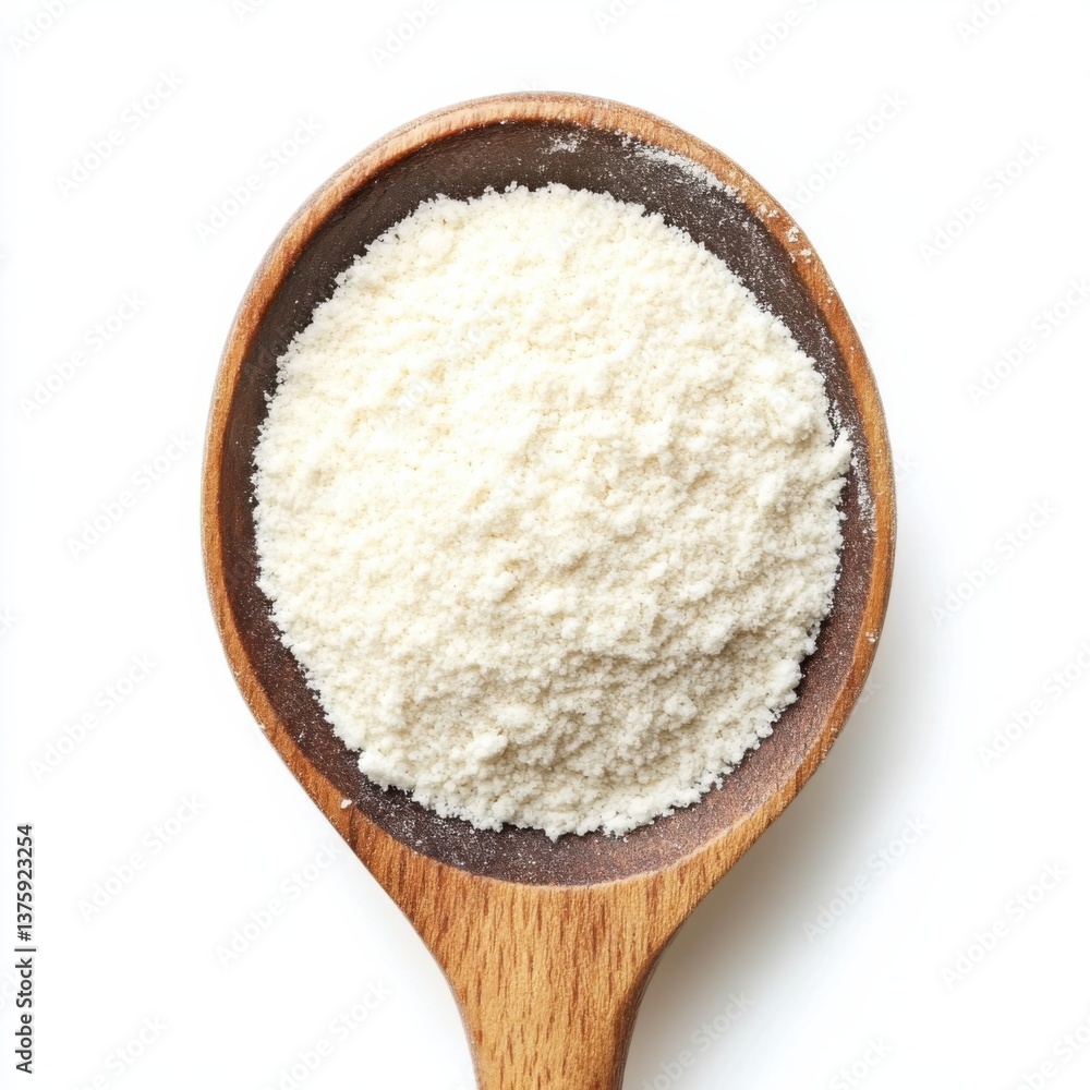 Spoon filled with fine white flour on a wooden surface captured in natural light during the daylight hours Spoon filled with fine white flour on a wooden surface captured in natural light during the daylight hours
