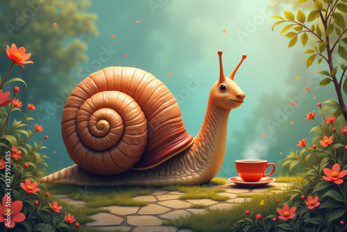 Obraz na płótnie Snail enjoying tea time in enchanting garden w salonie
