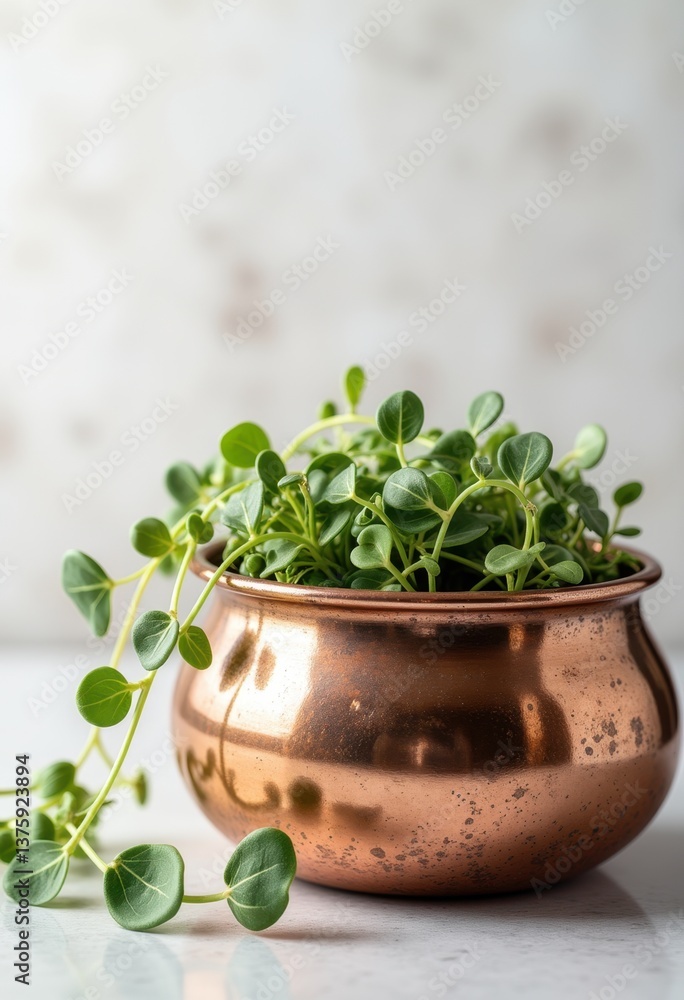 Fototapeta premium Copper planter with trailing plants on a white background 