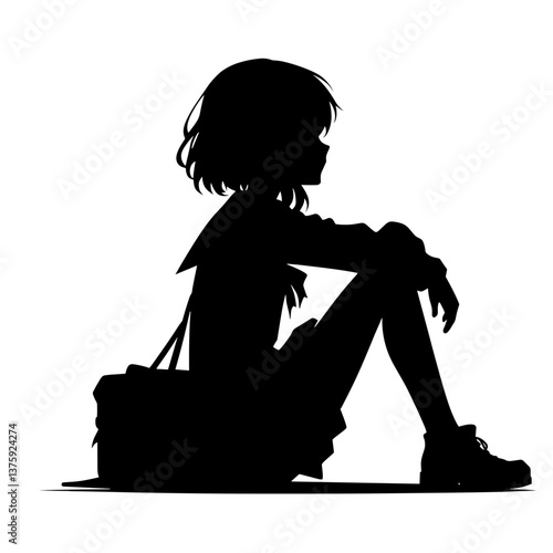 Anime girl sitting alone silhouette with school bag