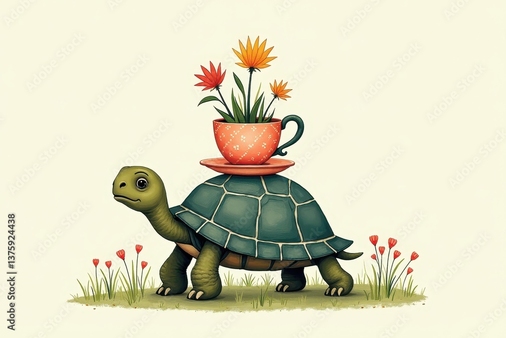 Tortoise carrying flower-filled teacup on shell in whimsical