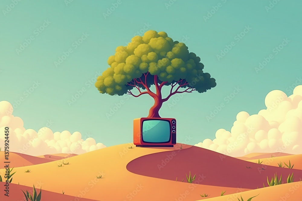 Tree growing vintage TV in surreal desert landscape