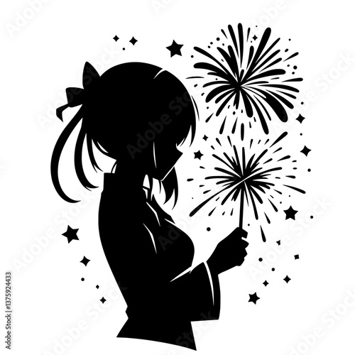 Anime girl holding sparkler silhouette with fireworks