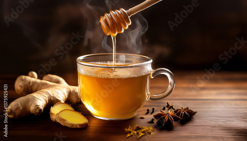 Spiced Ginger & Honey Elixir – A steaming cup of ginger tea in a transparent glass mug, with thin slices of ginger floating inside, a drizzle of honey, and a few cloves on a dark wooden surface.