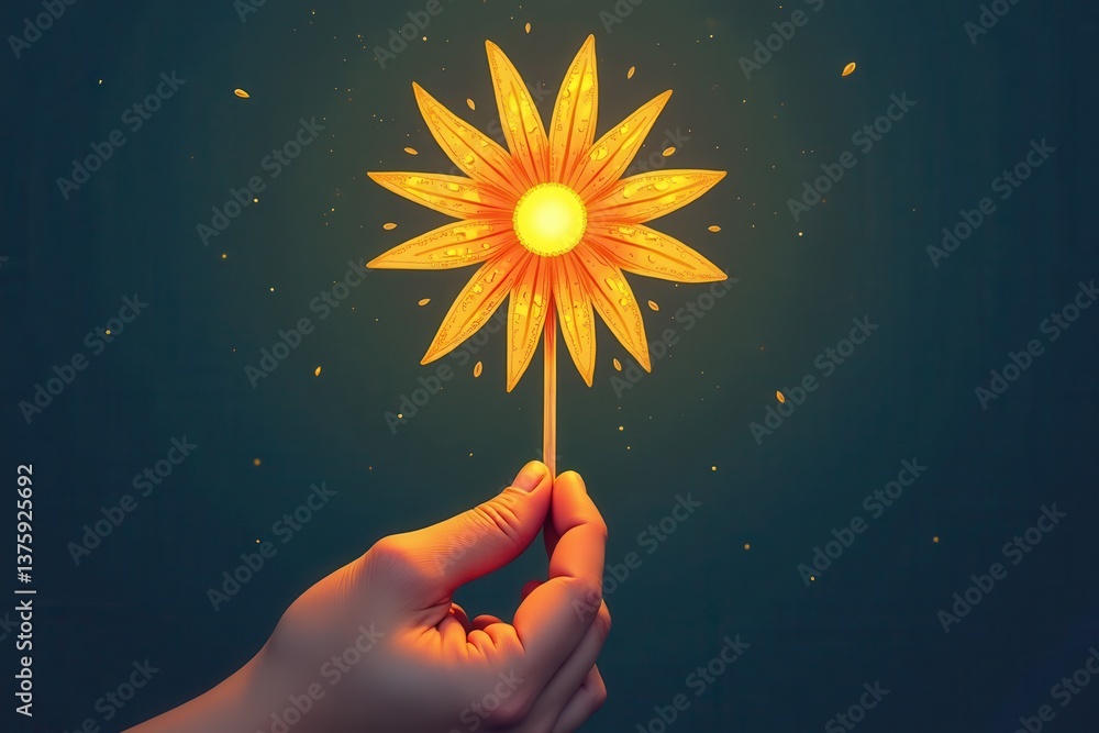 Glowing sunflower-shaped lamp held in hand dark background
