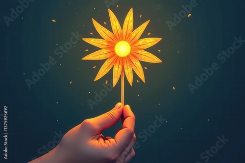 Glowing sunflower-shaped lamp held in hand dark background