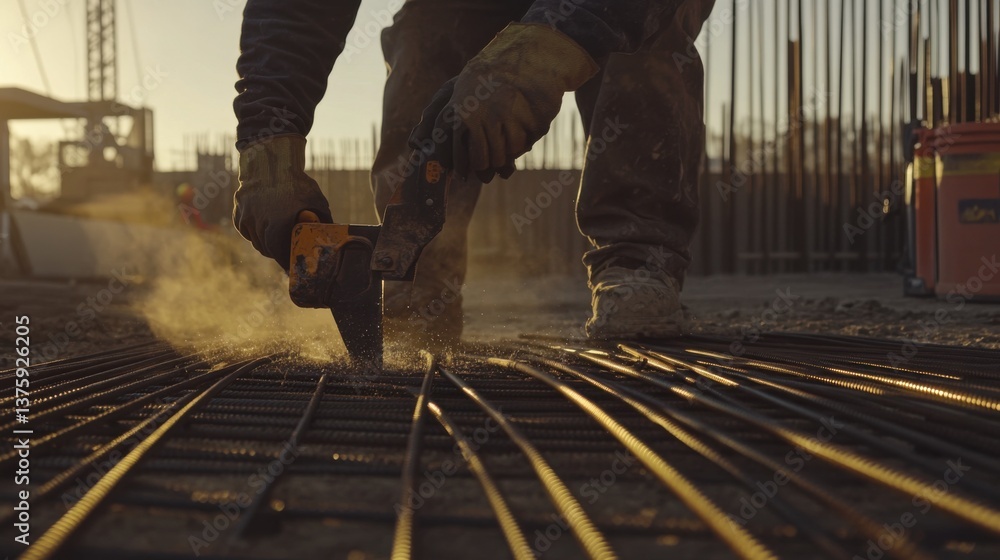 A construction worker cutting rebar at a job site. Featuring strength and precision A construction worker cutting rebar at a job site. Featuring strength and precision