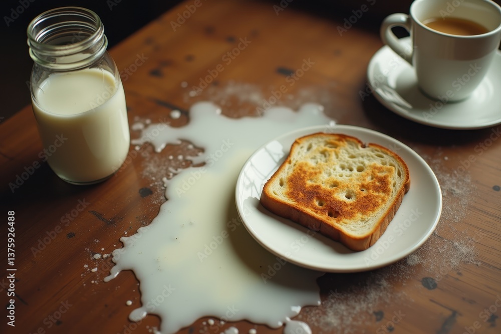 Spilled milk breakfast toast on wooden table