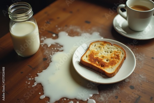 Obraz na płótnie Spilled milk breakfast toast on wooden table w salonie