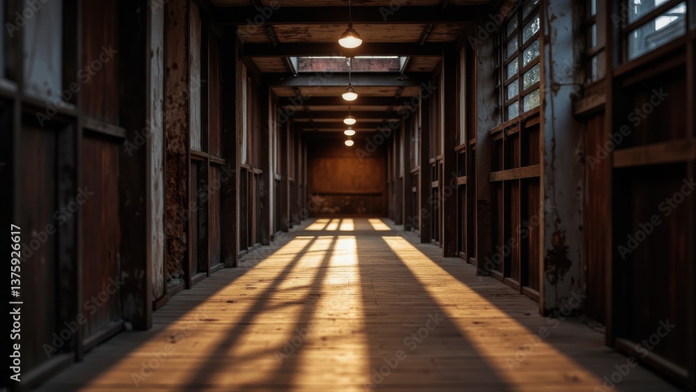 The long corridor is constructed from wood, under lights. Bright sunlight is visible near the floor. The long corridor is constructed from wood, under lights. Bright sunlight is visible near the floor.