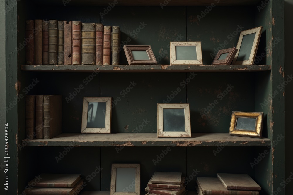 Antique bookshelf with vintage frames old books
