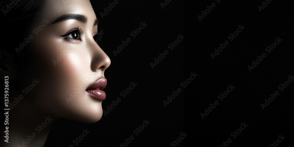 Elegant profile of a woman highlighting beauty in soft lighting against a dark background Elegant profile of a woman highlighting beauty in soft lighting against a dark background