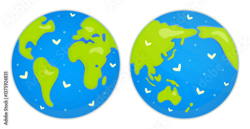 Cute Earth planet cartoon in two prejections. Bright color illustrations for Earth day and Environment day. Globe sphere in green and blue colors. Ecology concept, save and love nature