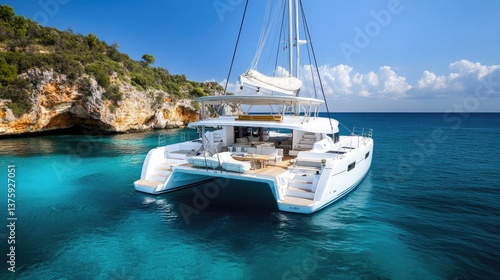 Large catamaran yacht surrounded by tropical islands, clear blue waters beneath.