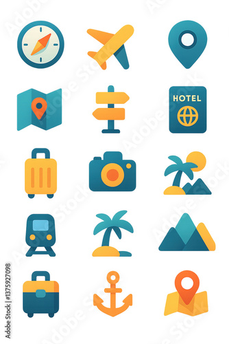 Travel essentials a colorful icon set for adventurers digital design pattern graphics creative journey