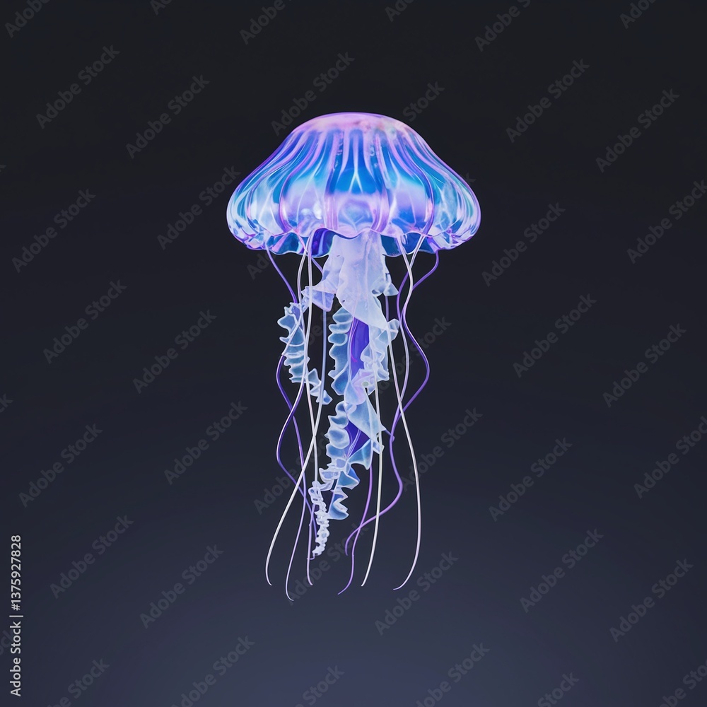 Naklejka premium A stunning 3D illustration of a glowing jellyfish floating in a dark underwater scene, featuring intricate tentacles and a bioluminescent effect, perfect for ocean and marine life themes. 