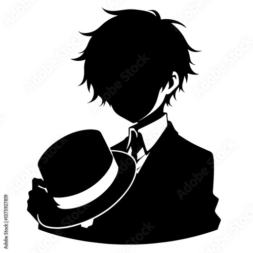 Anime boy holding hat silhouette in suit