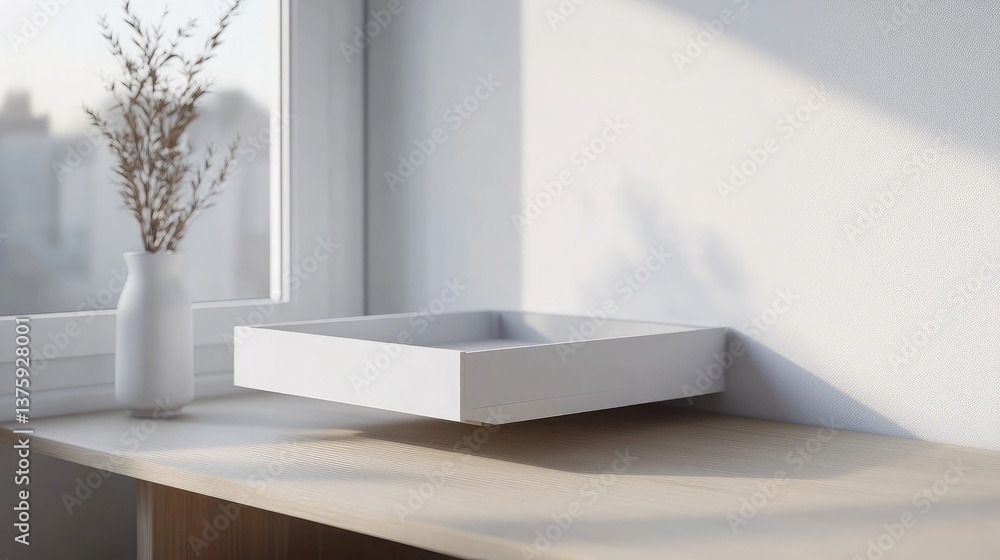 Fototapeta premium Minimalist white storage drawer in a stylish living room, modern and functional furniture design.