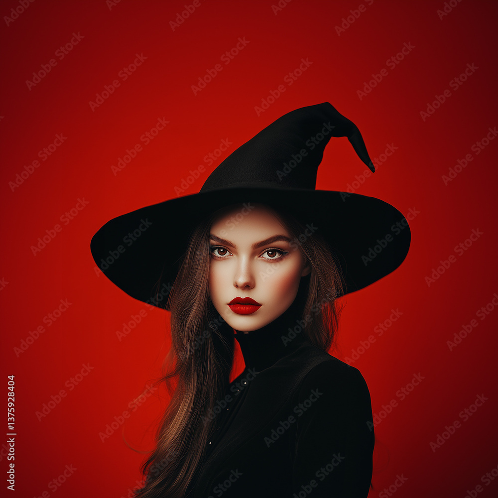 A beautiful witch on a red background. A beautiful witch on a red background.