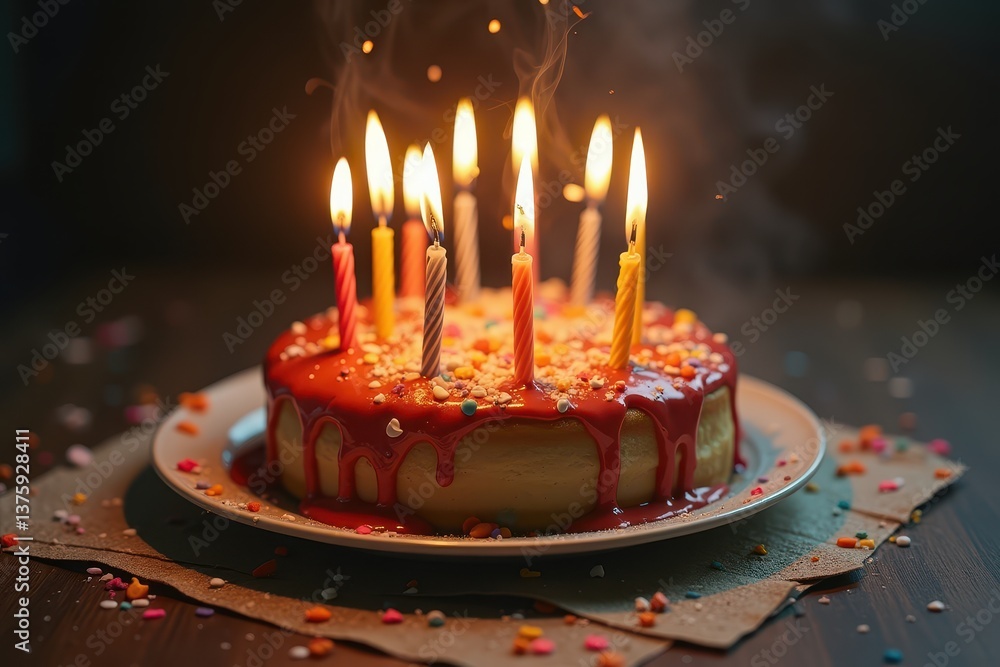 Delicious birthday cake with lit candles colorful sprinkles on wooden table