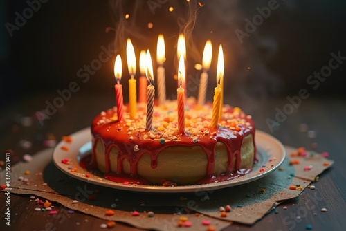 Obraz na płótnie Delicious birthday cake with lit candles colorful sprinkles on wooden table w salonie