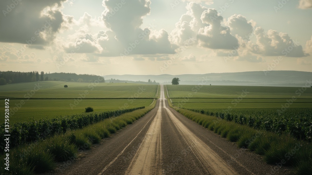 A road stretches through farmland. Clouds float in the sky. Hills appear in the distance. A road stretches through farmland. Clouds float in the sky. Hills appear in the distance.