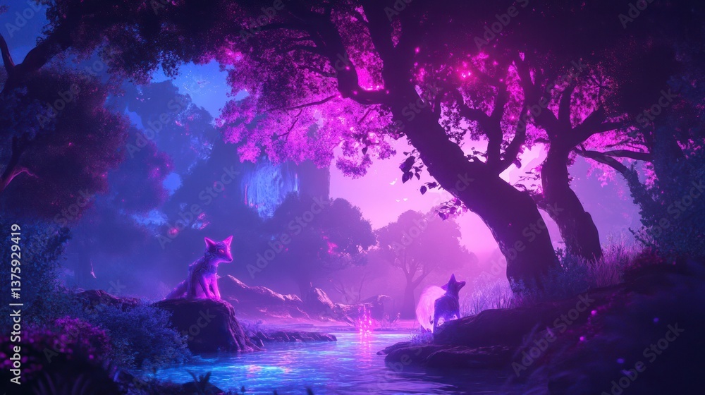Fototapeta premium Two stylized foxes are placed in a vibrant glowing forest