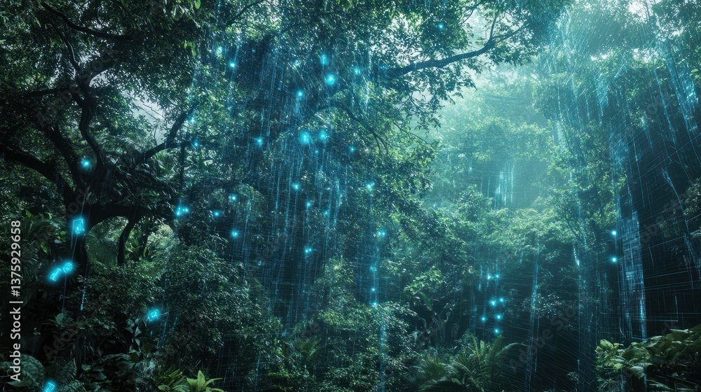 Fototapeta premium Verdant Rainforest Trees With Futuristic Blue Glow Effects