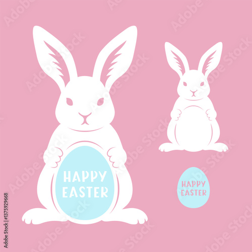 Easter Bunny with egg. Vector multilayered animal. Rabbit silhouette. For paper,laser cutting, sublimation. Happy Easter phrase. Holiday symbol. Isolated on color background.